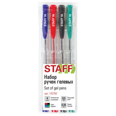 Ручки гелевые STAFF "Basic" GP-789, НАБОР 4 ЦВЕТА, хромированный наконечник, узел 0,5 мм