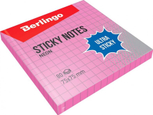 Самоклеящийся блок Berlingo "Ultra Sticky", 75*75мм, 80л., в клетку, розовый неон