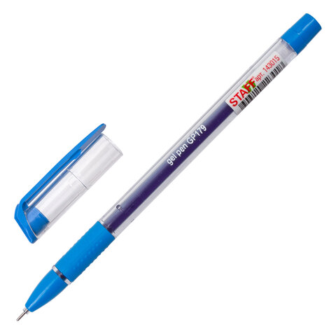 Ручка гелевая синяя 0,3 мм STAFF College с грипом корпус прозрачный