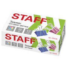 Зажимы для бумаг STAFF "Profit", КОМПЛЕКТ 12 шт., 19 мм, на 60 листов, цветные, картонная коробка