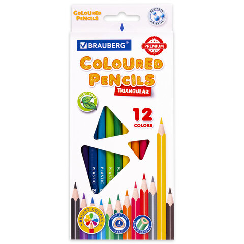 Карандаши цветные BRAUBERG PREMIUM, 12 цветов, пластиковые, трехгранные, грифель 3 мм