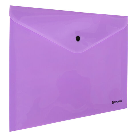 Папка-конверт с кнопкой BRAUBERG "Pastel", А4, до 100 листов, непрозрачная, лиловая, 0,18 мм