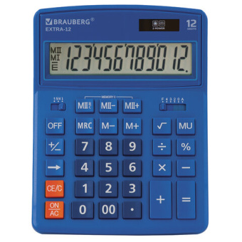 Калькулятор настольный BRAUBERG EXTRA-12-BU (206x155 мм), 12 разрядов, двойное питание, СИНИЙ