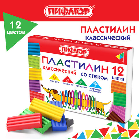 Пластилин классический ПИФАГОР "Веселая такса", 12 цветов, 180 г, СО СТЕКОМ