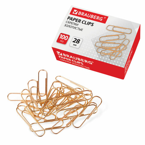 Скрепки 28 мм, BRAUBERG, золотистые, 100 шт., в картонной коробке