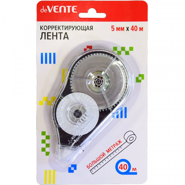 Корректирующая лента "deVENTE" 5 ммx40 м, прозрачный корпус с черным, фронтальный аппликатор, с защи