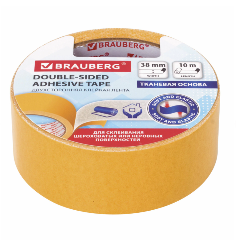 Клейкая двухсторонняя лента 38 мм х 10 м, ТКАНЕВАЯ ОСНОВА, BRAUBERG
