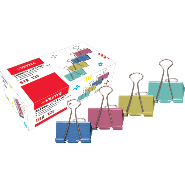 Зажим для бумаг "deVENTE. Pastel" металлический (51 мм) толщина скрепления до 21,5 мм, цветной ассор