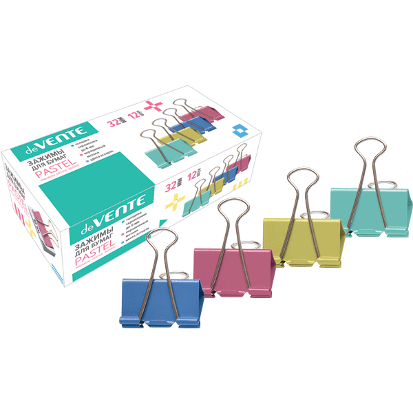 Зажим для бумаг "deVENTE. Pastel" металлический (32 мм) толщина скрепления до 13,5 мм, цветной ассор