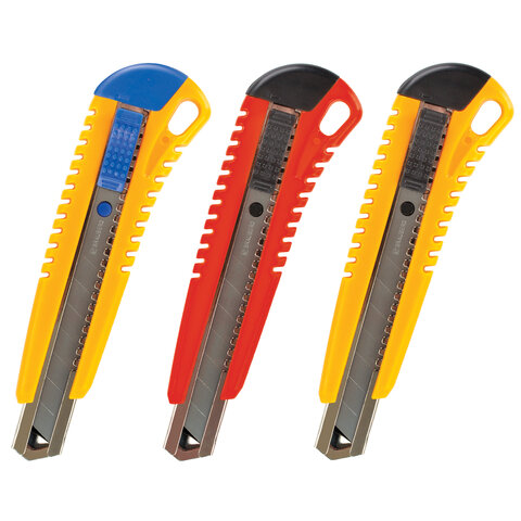 Нож канцелярский 18 мм BRAUBERG "Standard", 3 лезвия в комплекте, автофиксатор, корпус ассорти