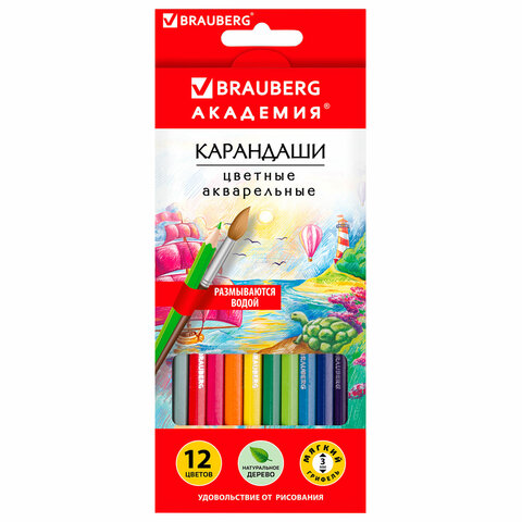 Карандаши цветные акварельные BRAUBERG "АКАДЕМИЯ", 12 цветов, шестигранные, грифель 3 мм, натурально