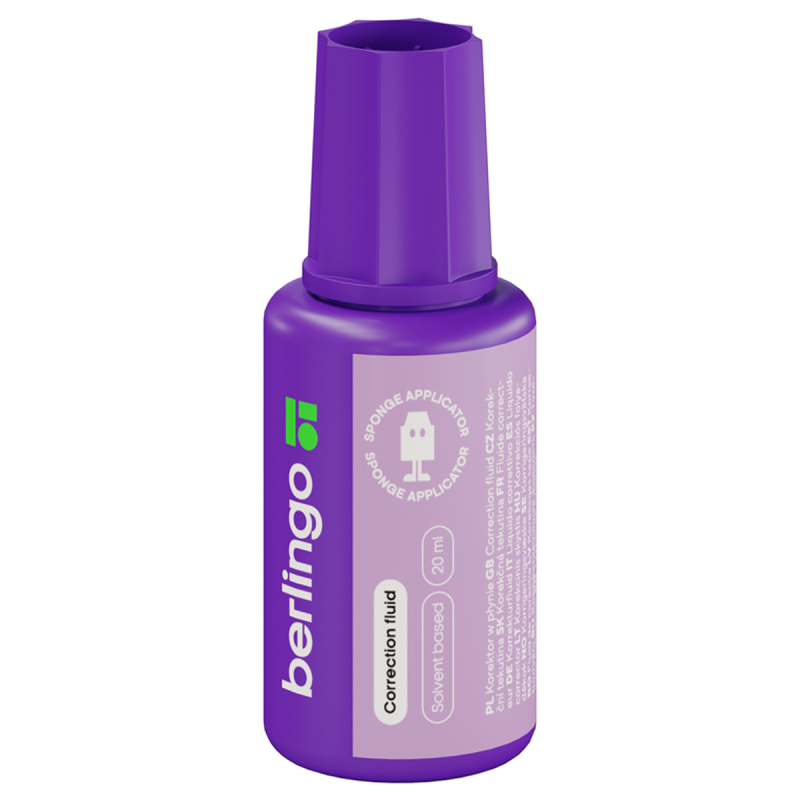 Корректирующая жидкость 20мл Berlingo, на химической основе, с губчатым аппликатором