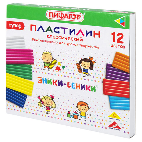 Пластилин классический ПИФАГОР "ЭНИКИ-БЕНИКИ СУПЕР", 12 цветов, 240 грамм, стек