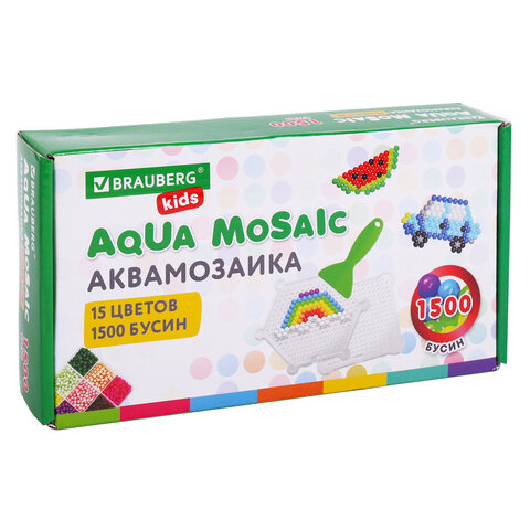Аквамозаика 15 цветов, 1500 бусин, с трафаретами и инструментами, BRAUBERG KIDS