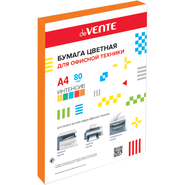 Бумага цветная для офисной техники "deVENTE" A4 100 л, 80 г/м², интенсив оранжевый, картонная подлож