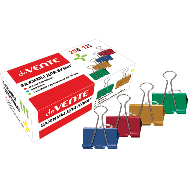 Зажим для бумаг "deVENTE" металлический (25 мм) толщина скрепления до 10 мм, цветной ассорти, 12 шт 