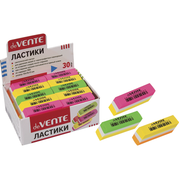 Ластик "deVENTE. Bubble Gum" синтетический каучук, прямоугольный скошенный цветной слоеный, 55x15x13