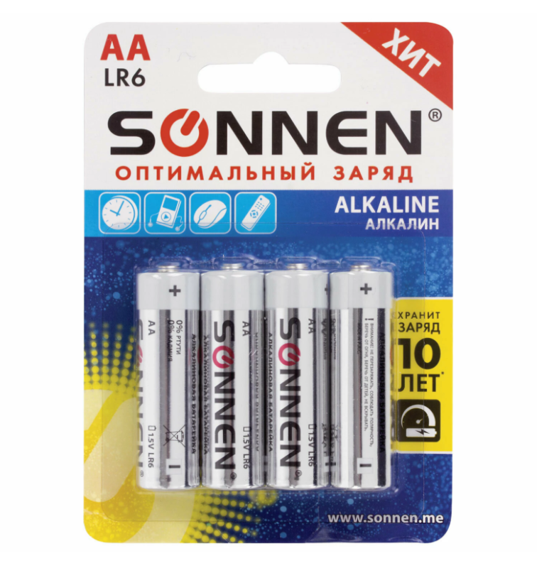 Батарейки КОМПЛЕКТ 4 шт., SONNEN Alkaline, АА (LR6, 15А), алкалиновые, пальчиковые, блистер