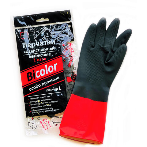 Перчатки хозяйственные латексные BiColor черно-красные, х/б напыление, размер L (большой), 68 г, про