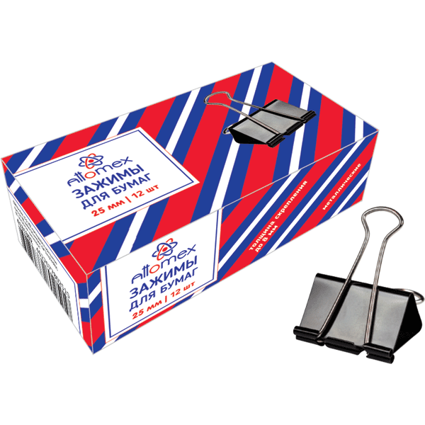 Зажим для бумаг "Attomex" металлический (25 мм) толщина скрепления до 10,5 мм, черный, 12 шт в карто