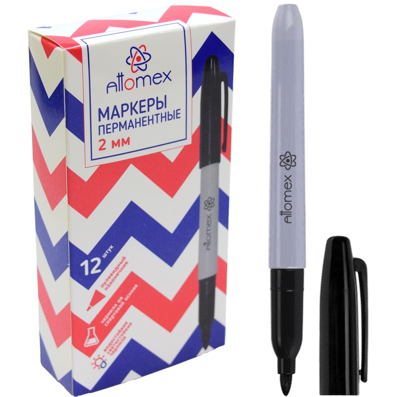 Маркер перманентный "Attomex" круглый корпус, пулевидный наконечник, ширина линии 2 мм, черный