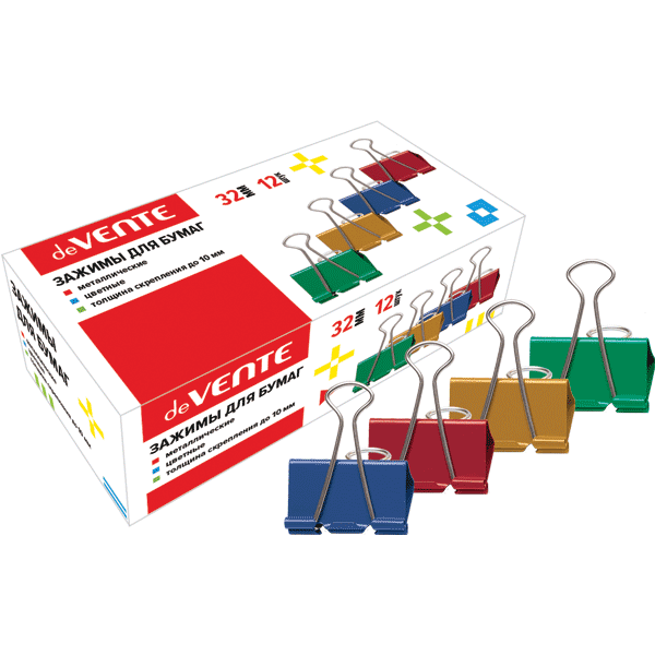 Зажим для бумаг "deVENTE" металлический (32 мм) толщина скрепления до 13,5 мм, цветной ассорти, 12 ш