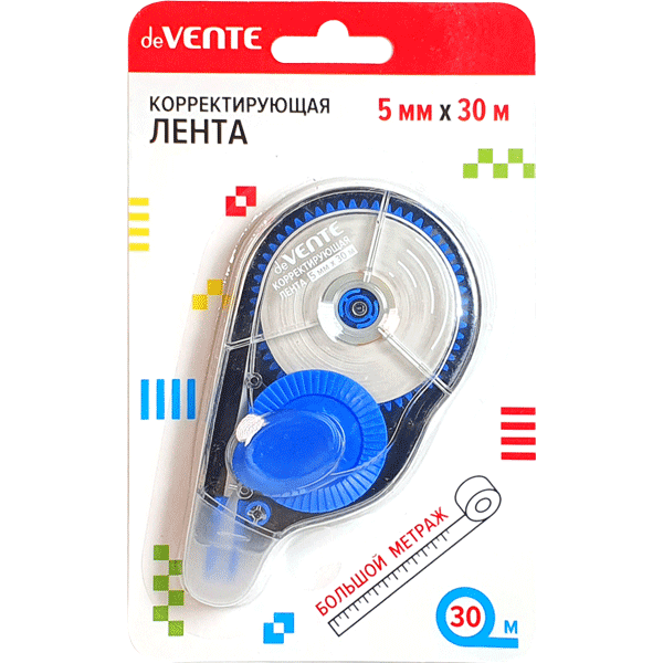 Корректирующая лента "deVENTE" 5 ммx12 м, полупрозрачный корпус с цветной рамкой, синий, фронтальный