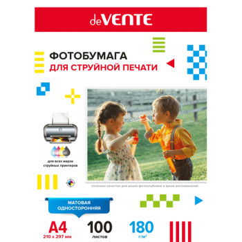 Фотобумага для струйной печати "deVENTE" A4, 100 л, 180 г/м², матовая односторонняя, в пластиковом п