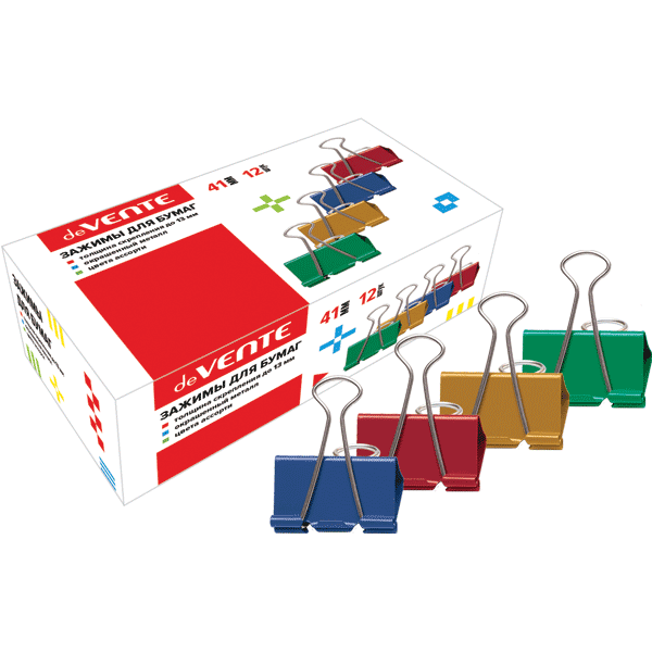 Зажим для бумаг "deVENTE" металлический (41 мм) толщина скрепления до 17 мм, цветной ассорти, 12 шт 