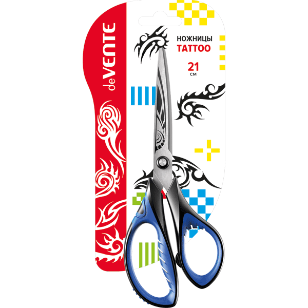 Ножницы канцелярские "deVENTE. Tattoo" 21 см, двухцветные прорезиненные кольца с лепестками, протрав