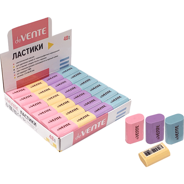 Ластик "deVENTE. Pastel" синтетический каучук, прямоугольный цветной, 22x18x10 мм, в индивидуальной 