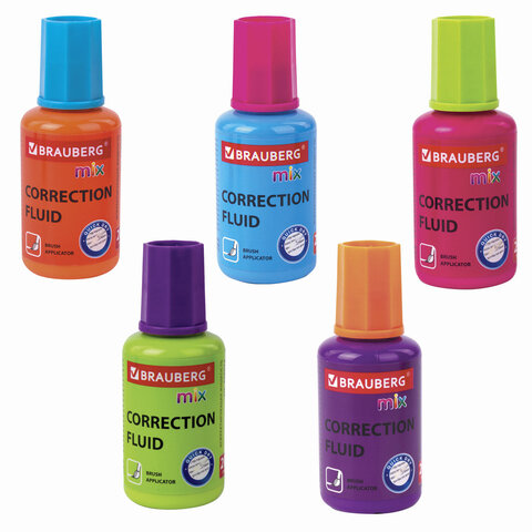 Корректирующая жидкость BRAUBERG MIX, быстросохнущая, 20 мл, с кисточкой, ассорти