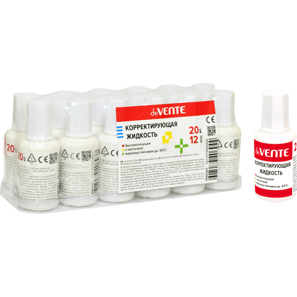 Корректирующая жидкость "deVENTE" 20 мл, быстросохнущая, в бутылочке с кисточкой, в пластиковом подд
