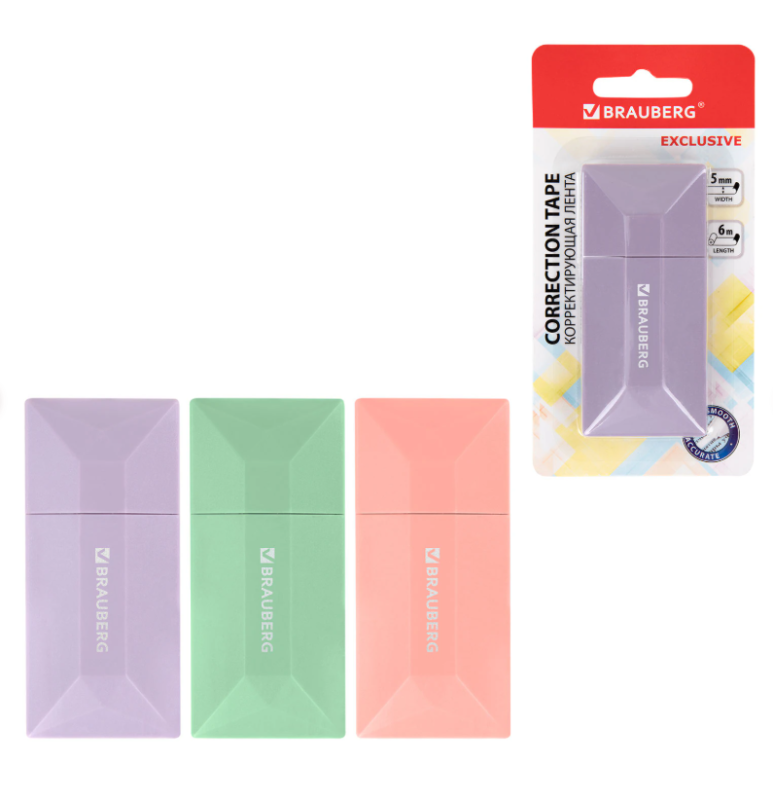 Корректирующая лента BRAUBERG "EXCLUSIVE", 5 мм х 6 м, ассорти, блистер