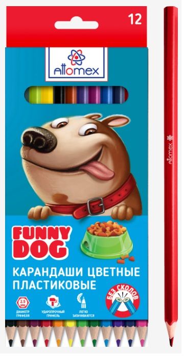 Карандаши цветные пластиковые "Attomex. Funny Dog" 12 цветов, 2М, диаметр грифеля 2,5 мм, шестигранн