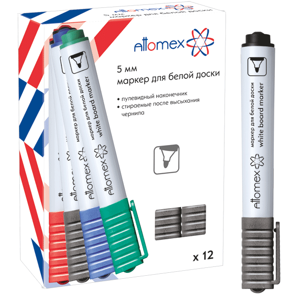 Маркер для белой доски "Attomex" круглый корпус с клипом, пулевидный наконечник, ширина линии 5 мм, 