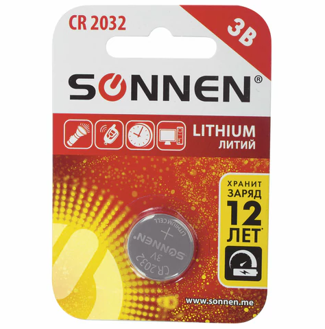 Батарейка литиевая SONNEN Lithium CR2032 "таблетка, дисковая, кнопочная" 1 шт., блистер