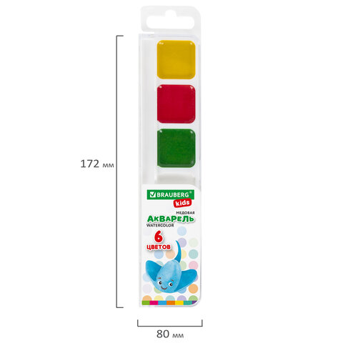 Краски акварельные BRAUBERG KIDS, медовые, 6 цветов, квадратные кюветы, пластиковый пенал