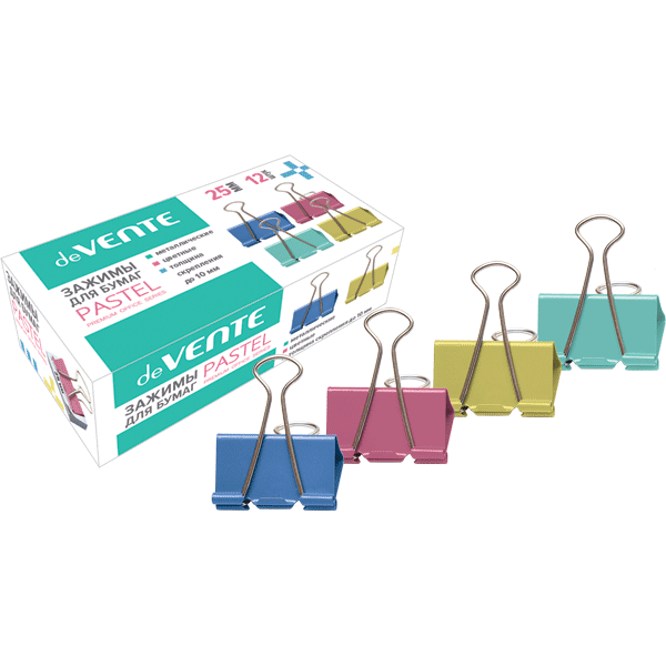 Зажим для бумаг "deVENTE. Pastel" металлический (25 мм) толщина скрепления до 10 мм, цветной ассорти