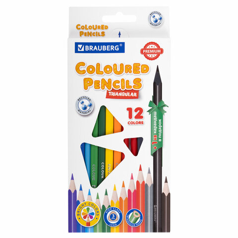 Карандаши цветные пластиковые, BRAUBERG PREMIUM 12 цветов + 1 чернографитный карандаш, трехгранный к