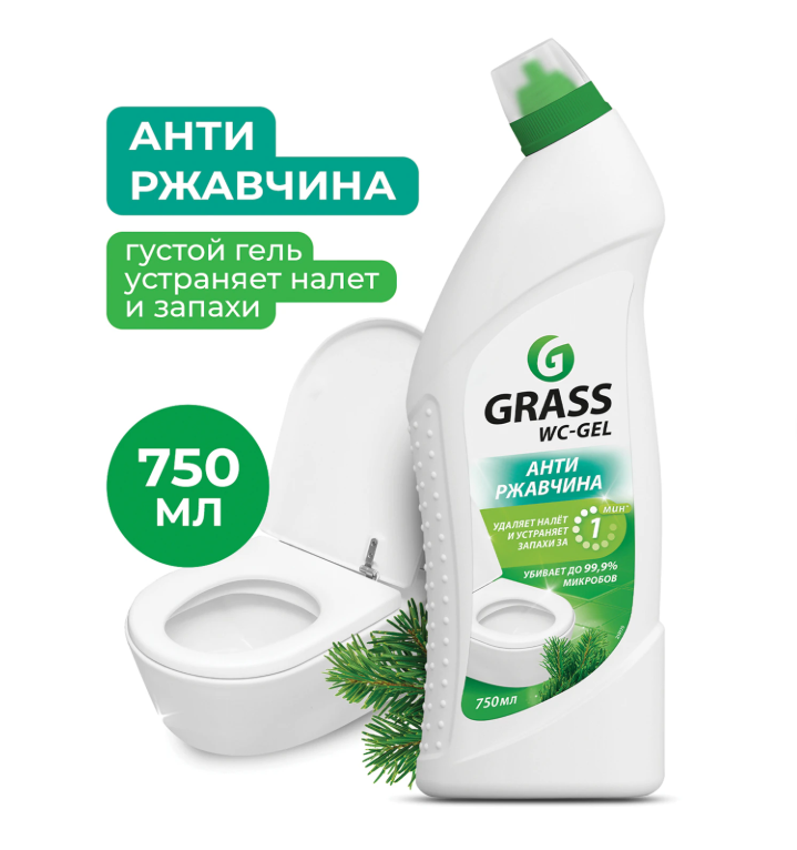 Средство для уборки санитарных помещений 750 мл, GRASS WC-GEL АНТИРЖАВЧИНА, кислотное, гель