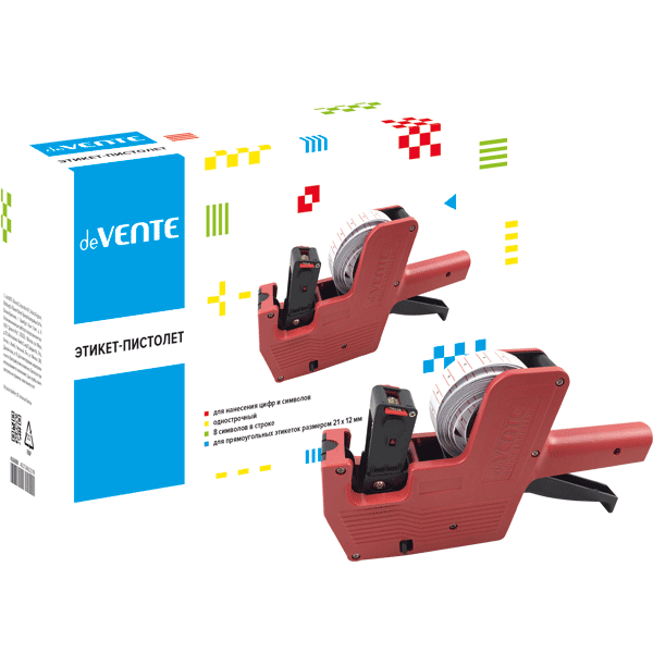 Этикет-пистолет "deVENTE" 1-строчный, 8 символов, для прямоугольных этикеток 21x12 мм, красный цвет 