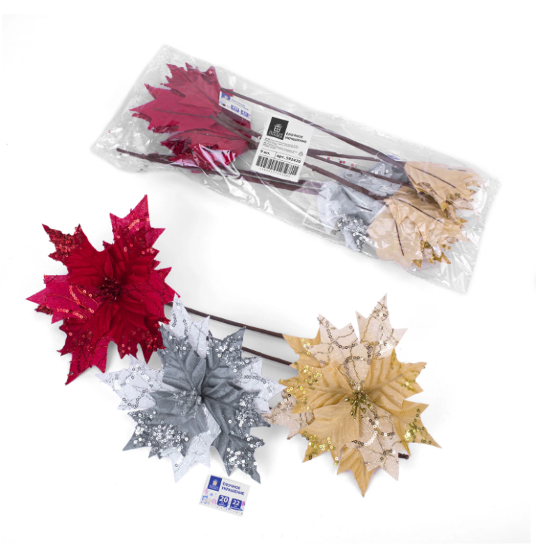 Украшение елочное 1 шт., "Цветок", диаметр 22 см, длина 20 см, ассорти 3 дизайна, ЗОЛОТАЯ СКАЗКА